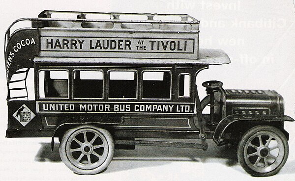 Pre–WW1 toy bus with Lauder advert