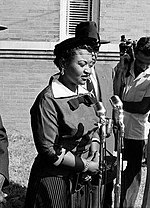 Till-Mobley during an interview outside the courthouse before Roy Bryant and J.W. Milam were acquitted for the murder of her son [[Emmett Till]], September 23, 1955