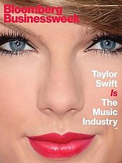 An very close shot of Swift with text reading "Bloomberg Businessweek" and "Taylor Swift Is The Music Industry".