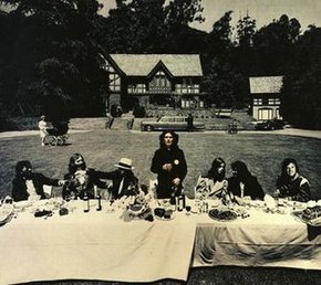 Inner gatefold image from the Material World album, showing Harrison and his fellow musicians at a Last Supper-style banquet; photo by Ken Marcus 1973 Living in the Material World LP inner gatefold.jpg