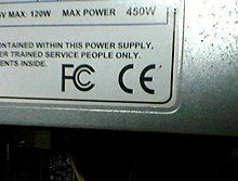 The FCC mark adjacent to CE mark on an SMPS made in China and sold in India. Note that the FCC mark bears no legal status where the CE mark does. FCC and CE.jpg