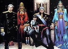 The House of Magnus, from left to right: Quicksilver, Scarlet Witch, her two children William and Thomas, Magneto, and Polaris.