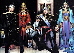 House of Magnus, from left to right: Quicksilver, Scarlet Witch, her two children William and Thomas, Magneto, and Polaris