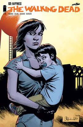 Maggie Greene on the cover of The Walking Dead comic book issue #132 "Happiness" with her two-year-old son, Hershel. Art by Charlie Adlard.
