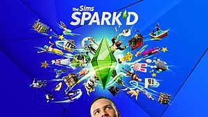 Un homme regarde avec imagination un "plombob" Sims (octaèdre vert) qui a beaucoup d'images Sims dessinées autour de lui