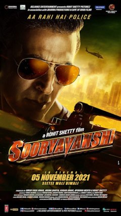 Sooryavanshi is an upcoming Indian Hindi-language action film directed by Rohit Shetty, written by Yunus Sajawal, Farhad Samji, Sanchit Bendre and Vidhi Ghodgadnkar based on an original story by Shetty, and produced by Shetty in association with Hiroo Yash Johar, Aruna Bhatia, Karan Johar and Apoorva Mehta under the Dharma Productions and Cape of Good Films banners. The fourth installment of Shetty's Cop Universe, it features Akshay Kumar as the titular character opposite Katrina Kaif. Gulshan Grover, Abhimanyu Singh, Niharica Raizada, Jackie Shroff, Sikandar Kher, Nikitin Dheer, Vivan Bhatena and Javed Jaffrey star in supporting roles, while Ajay Devgn and Ranveer Singh reprise their roles of Singham and Simmba from the franchise's previous films.