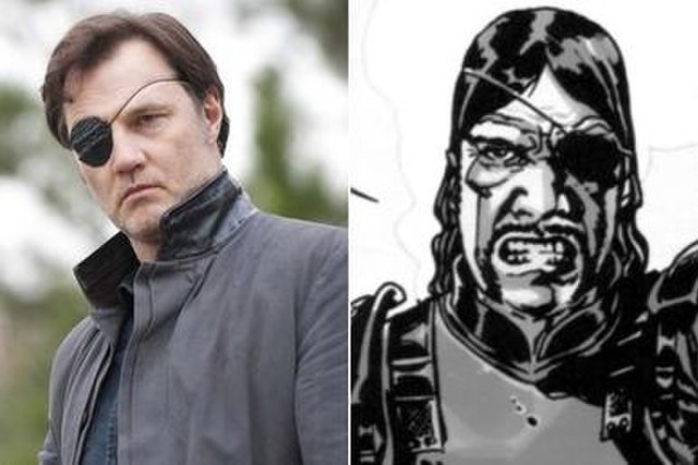 The Governor, as portrayed by David Morrissey in the television series (left) and in the comic book series (right)