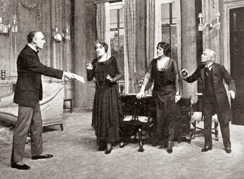 The all-important will: Royce (left), with Marion, Isobel and William, 1921 London production Truth-About-Blayds-2.png