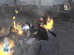 Aragorn fights the Nazgul at Weathertop in the PlayStation 2 version of the game; the illuminated meter on the bottom left indicates he is currently in "Perfect mode." Two Towers gameplay.jpg