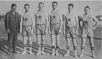 L. Theo Bellmont (left) with his undefeated 1915 Texas basketball team. UTexas 1915 basketball team.jpg