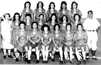 1946 Muskegon Lassies
Front row, L-R: Alva Jo Fischer, Dorothy Maguire, Elizabeth Wicken, Charlene Pryer, Miss Hack, Erma Bergmann. Second row, L-R: Eunice Kessler (chaperone), Sara Reeser, Pauline Martin, Donna Cook, Arleene Johnson, Dorothy Montgomery, Josephine Lenard, Buzz Boyle (manager). Back row, L-R: Lavina Keough, Mary Rini, Amy Applegren, Joanne Overleese, Margaret Wenzell. 1946 Muskegon Lassies.jpg