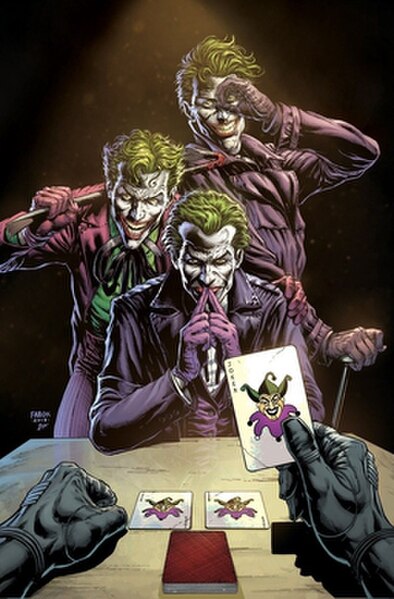 Promotional artwork for Batman: Three Jokers (2020), depicting the incarnations of the Joker from the Golden Age (bottom), the Silver Age (middle), an