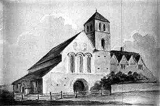 Davington Priory, 1807 by Henry Petrie, when the Norman church was in use as a stable