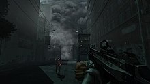 A screenshot from the game mode "F**king Run!". Here, the player is running away from the Wall of Death. F.E.A.R. 3 - MP - F**king Run! screenshot.jpg