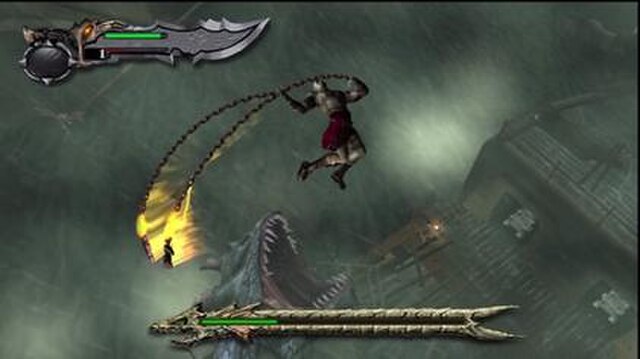 Kratos (in air) attacks the Hydra with the Blades of Chaos. The HUD in the upper left corner displays the Health Meter. The number indicates the numbe