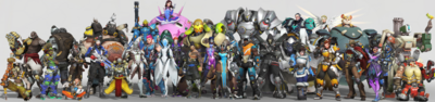 A promotional image of the 32 different playable characters on Blizzard Entertainment's fourth-anniversary celebration of the release of Overwatch (listed from left to right: Junkrat, Doomfist, Lucio, Ashe and B.O.B., Tracer, Soldier: 76, Roadhog, Zenyatta, Genji, Pharah, Zarya, Echo, D.Va, Moira, Hanzo, Orisa, Widowmaker, Symmetra, Reinhardt, Baptiste, Reaper, Winston, Sigma, Mei, Mercy, Brigitte, Wrecking Ball, Cassidy, Sombra, Ana, Bastion, Torbjorn) Overwatch characters.png
