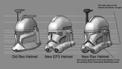 Rex's later helmet design (right) is a hybrid of his original helmet (left) and the regular Episode III clone trooper helmet (center).