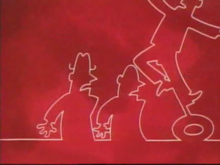 A frame from the series 6 to 9 (1994 to 1998) opening sequence for Whose Line Is It Anyway?, inspired by La Linea animation. Series 10 (1998 to 1999) used a variation with the line characters in neon pink on a Hollywood skyline background. WhoseLine05.png