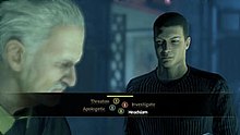 At the heart of Alpha Protocol is the dialogue system. This screen shows a typical dialogue sequence players use to decide their progress. AP Interrogation.jpg