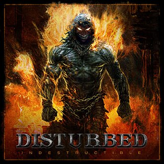 The cover of Indestructible featuring The Guy, Disturbed's mascot, illustrated by David Finch