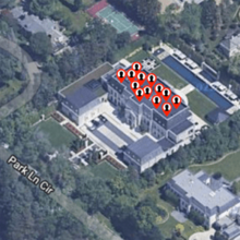 A Google Maps screenshot of Drake's mansion with 13 sex offender markers on the roof.