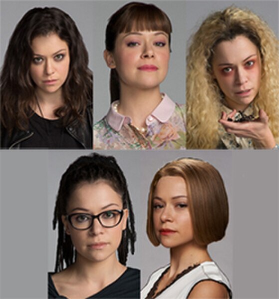 The five main clone characters all played by Tatiana Maslany (from left to right, top to bottom: Sarah, Alison, Helena, Cosima, and Rachel)