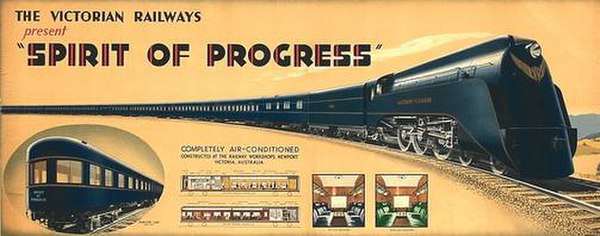 Victorian Railways promotional poster advertising the new Spirit of Progress service