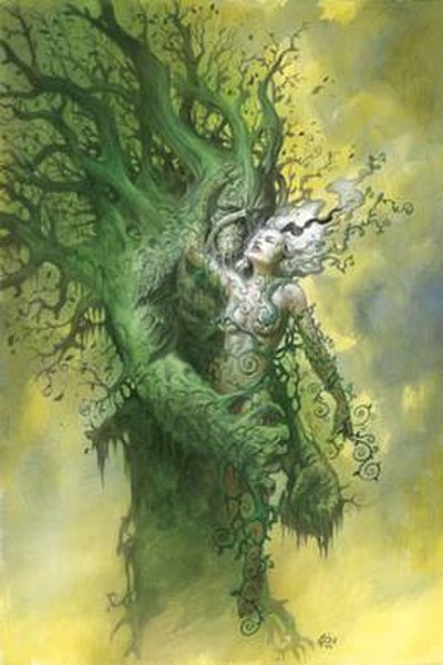 Abby Holland with husband Swamp Thing. Textless cover of Swamp Thing #22 (February 2006). Art by Eric Powell