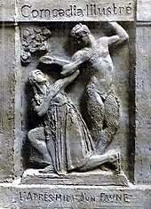 dessin dans le style d'un bas-relief représentant deux danseuses, l'une en jeune femme, l'autre en faune sous forme semi-humaine