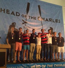 Marin Men's Youth 8+ on the awards stage at Head of the Charles Regatta in 2013 Mrahocr2013.jpg