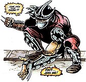 Shredder in his debut in Teenage Mutant Ninja Turtles #1 (May 1984), Art by Kevin Eastman. TMNTShredderComic.jpg