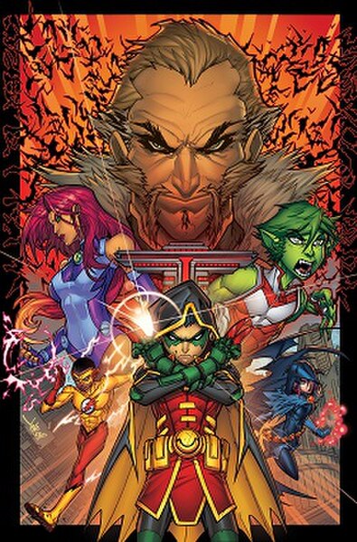 Teen Titans (vol. 6) #1 (Oct. 2016) by Jonboy Meyers. The heroes in front (left to right): Starfire, Kid Flash (Wallace West), Robin (Damian Wayne), R