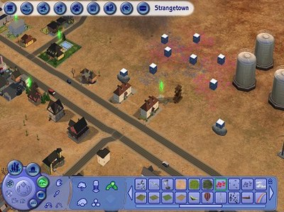 Neighborhoods may be customized with decorative objects, as shown here with Strangetown.