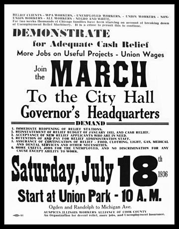 Poster for a Chicago march and demonstration sponsored by the local unit of the Workers Alliance of America, July 18, 1936. WorkersAllianceofAmerica-poster-July1936.jpg