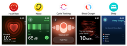 Screenshots showcasing a variety of first-party Apple Watch applications which connect directly with the Health app to provide metrics. Apple Watch Health Applications.png