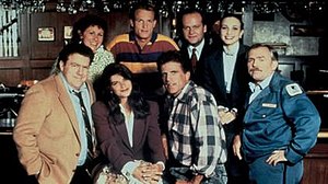 Background is bar setting. Top row has a waitress, a young handsome bartender, and married opposite-sex psychiatrists. Bottom row has a suit-dressed man, a blonde, a middle-aged handsome bartender, and a mailman.