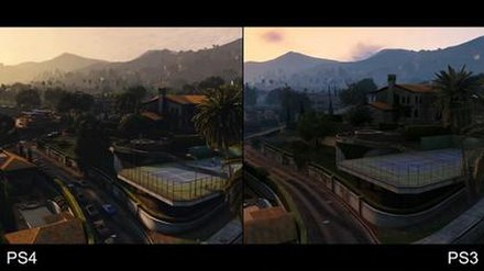 A comparison of the PlayStation 4 (left) and PlayStation 3 versions of the game. The enhanced re-release features greater draw distances and higher-re