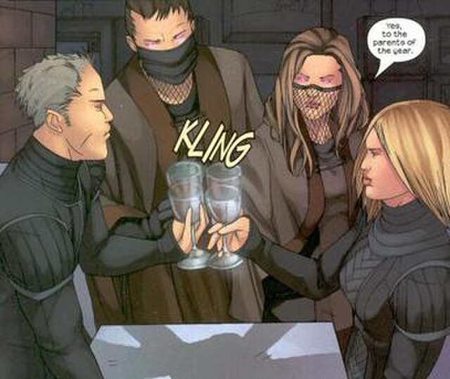 The Hayeses and the Deans conspire to kill off the rest of the Pride. Frank Dean, Gene, Alice Hayes, and Leslie Dean from left to right. (Art by Adria