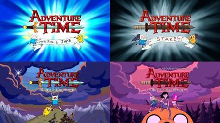 A comparison of two shots from the original Adventure Time intro sequence (left) to similar shots from the Stakes intro (right).