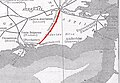 map of southeast England with red line from mid-south to northwest (from Surrey)