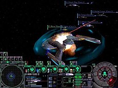 Gameplay in Dominion Wars. The player is currently controlling several Dominion and Cardassian ships attacking a Federation ship. Star Trek Dominion Wars gameplay.jpg