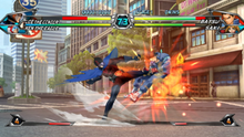 Joe the Condor of Gatchaman attacks Batsu of Rival Schools. The characters' life and Hyper Combo gauges are displayed across the top and bottom of the screen, respectively. The red sections of the life gauges represent recently received damage that can be regenerated when characters are switched. Tatsunoko vs Capcom Gamefight.png