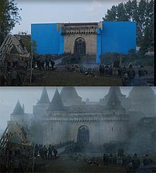 The castle face, and drawbridge were physically built, with the rest added in post-production with special effects. Riverrun - Game of Thrones S6E08.jpg