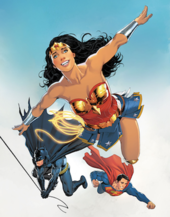 Wonder Woman with Batman and Superman on the cover of Wonder Woman (vol. 5) Annual #1 (July 2017). Art by Nicola Scott and Romulo Fajardo Jr. In the 21st century, the three have appeared together in multiple titles as part of DC's trinity of its most popular and important superheroes. Wonder Woman Annual Vol 5 1.png