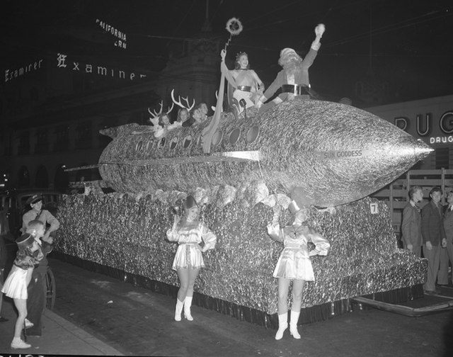 A rocket ship float with Santa Claus during a Christmas parade in Los Angeles, 1940