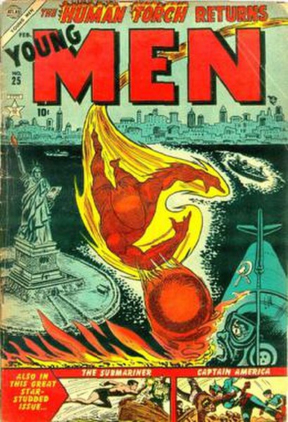 Young Men #25 (Feb. 1954): Cover art by Carl Burgos. Note the Atlas globe in the top left corner.