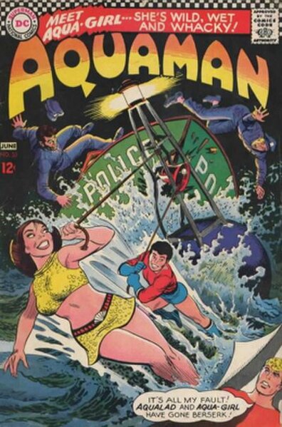 Aquagirl (Tula, left) in her first appearance on the cover of Aquaman vol. 1 #33 (May 1967). Art by Nick Cardy.