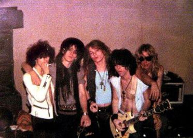 The original lineup of Guns N' Roses in March 1985. From left to right: Rob Gardner, Izzy Stradlin, Axl Rose, Tracii Guns and Ole Beich.