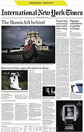 Front page of the International New York Times of October 15, 2013, the first to be issued under this name before being integrated into The New York Times International Edition in October 2016 International-New-York-Times-first-issue.jpg
