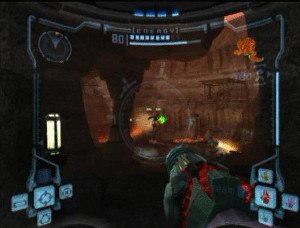 Samus in battle with a Flying Pirate. The player character is controlled from a first-person perspective.